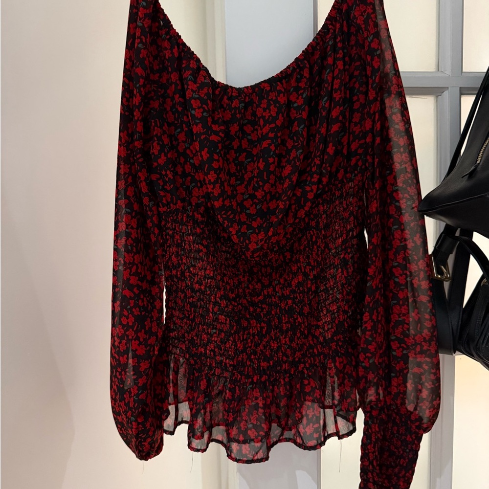 Lulu’s Off the Shoulder Red Floral Too